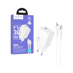Conjunto de Carregador Hoco N70 Nuevo com Porta Única PD30W (Tipo C para Lightning) Branco
